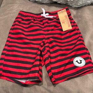 True Religion - Red and Black Striped Swim Shorts size 7